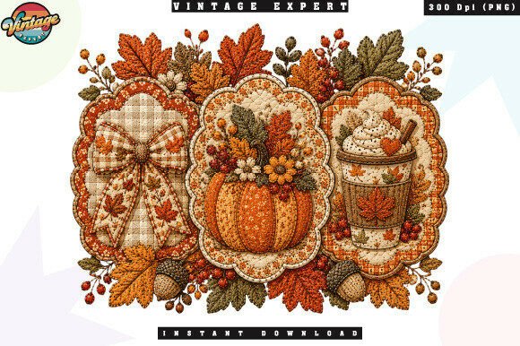 Autumn Pumpkin Coffee Patchwork PNG