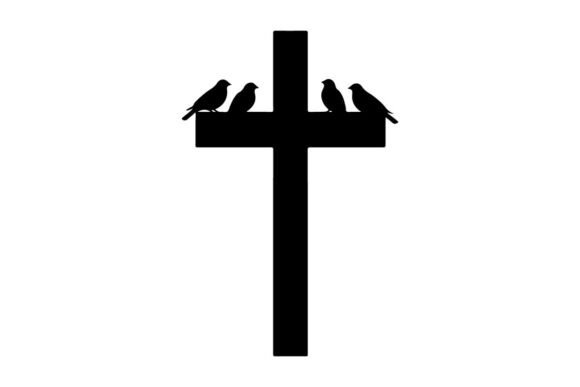 Black Cross with Five Birds Perched Silhouette