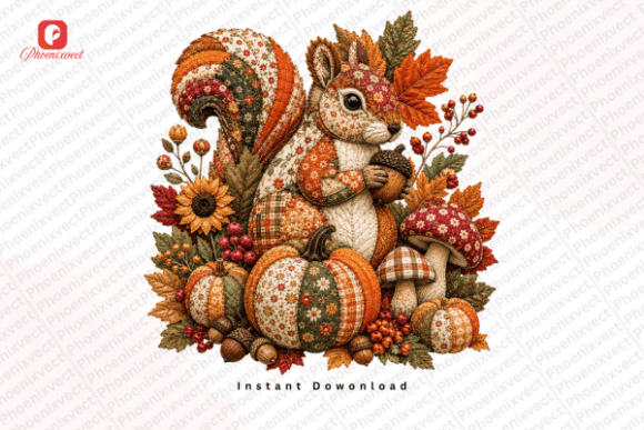 Embracing the Rustic Charm of the Patchwork Autumn Squirrel PNG