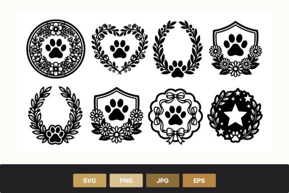 Floral Paw Print Wreath Badge Set: Elevating Pet-Themed Design with Versatile Line Art