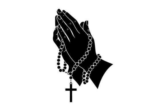 Hands in Prayer with Black Rosary Beads: A Modern Design Asset