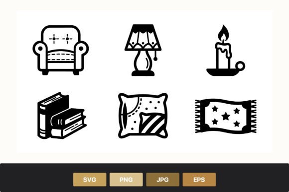 Living Room Icons Set: Simple Line Art