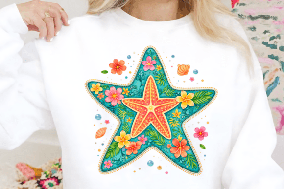 Starfish PNG, Sea Star Illustration: A Vibrant Floral Coastal Design